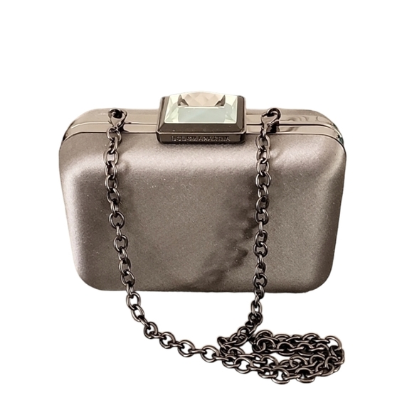 BCBG MAXAZRIA Mini Clamshell Convertible Clutch Bag Purse Metallic Chain Strap - Picture 15 of 15